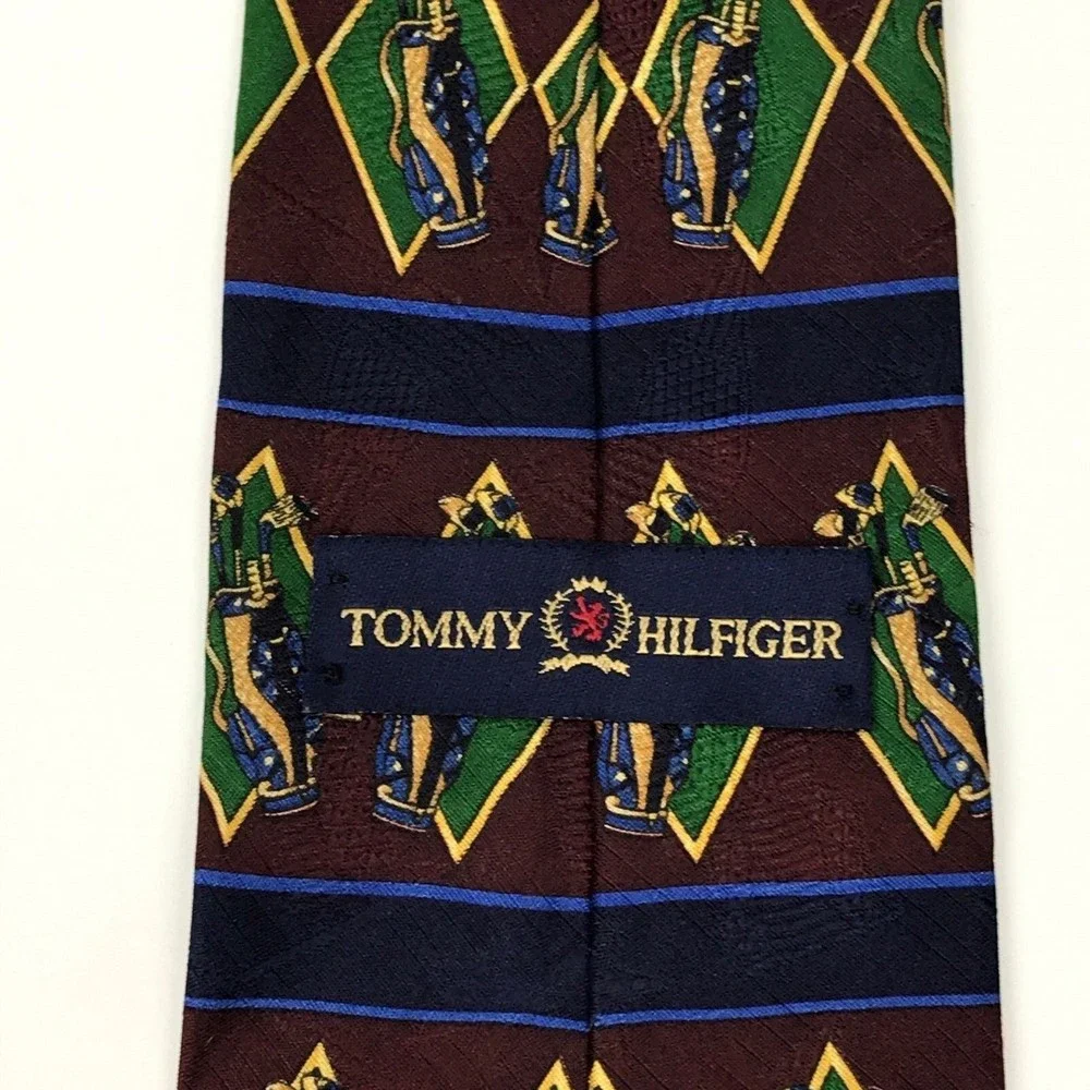 Tommy Hilfiger Men's 100% Silk Geometric Striped Golf Club Bag Novelty Necktie